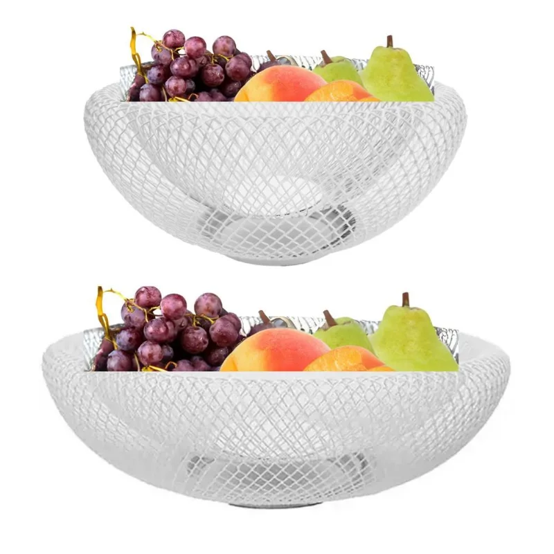 Kit 2 Fruteiras De Mesa Cesta Frutas Branca Aramada Redonda