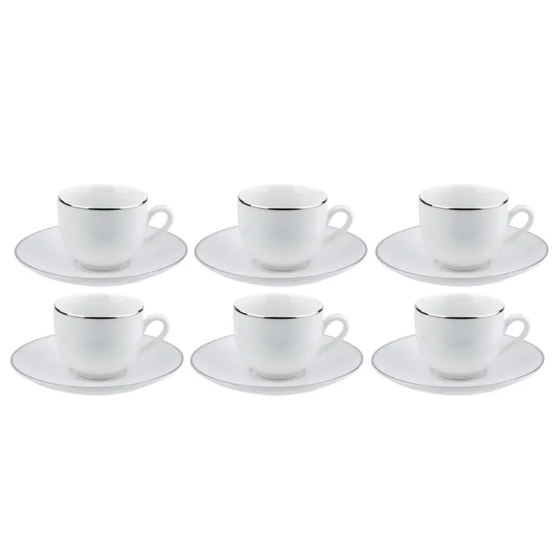 Jogo Xicaras De Chá Café Com Pires 220ml Porcelana Kit 6 Peças Borda Prata Luxo Legacy Silver