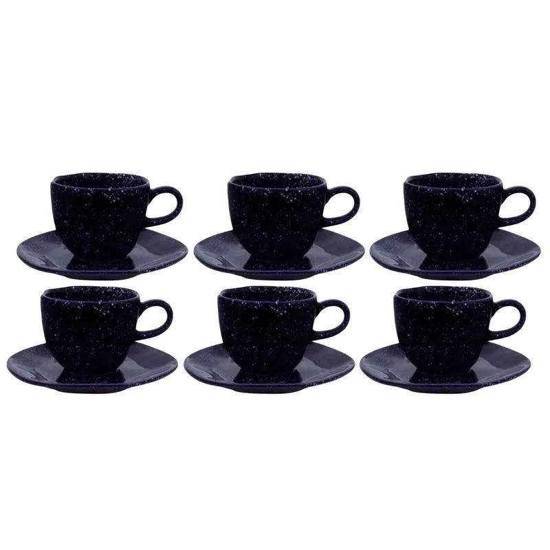 Jogo Xicaras de Chá Café Com Pires 220ml Kit 6 Peças Porcelana Ryo Safira Oxford Azul Marinho