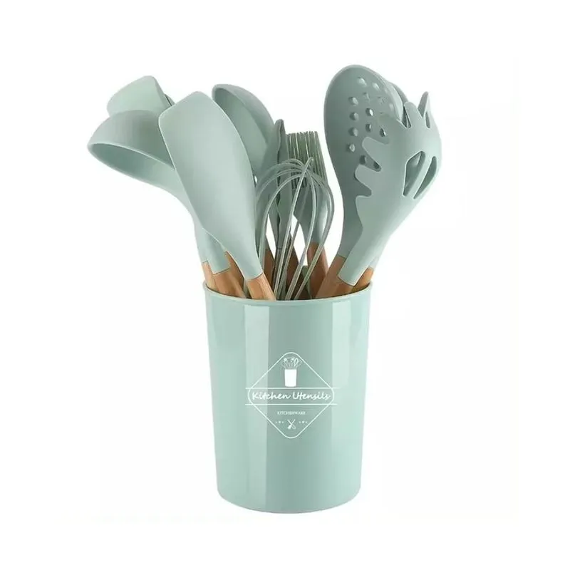 Kit 12 Peças Utensílios Silicone Madeira Concha Verde Claro