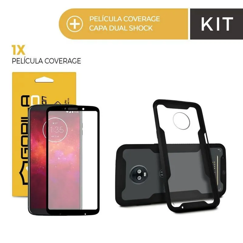 Kit Capa Dual Shock e Película Coverage Color Preta para Moto Z3 Play - Gorila Shield