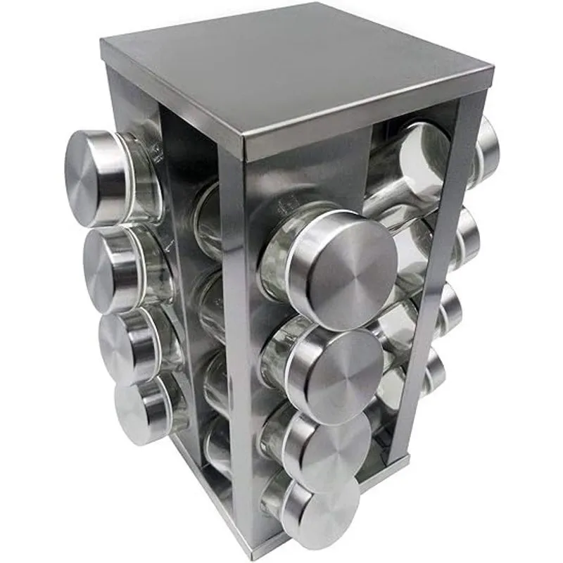 Porta Temperos e Condimentos Giratório 16 Potes de Vidro Com Tampa Inox