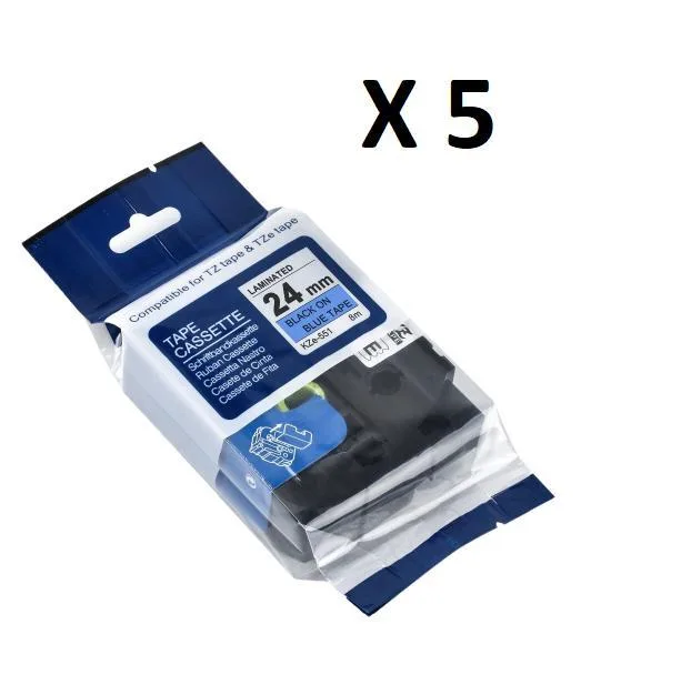 Kit 5 Fitas Compatível Brother Tze-551 Azul Letra Preta 24mm