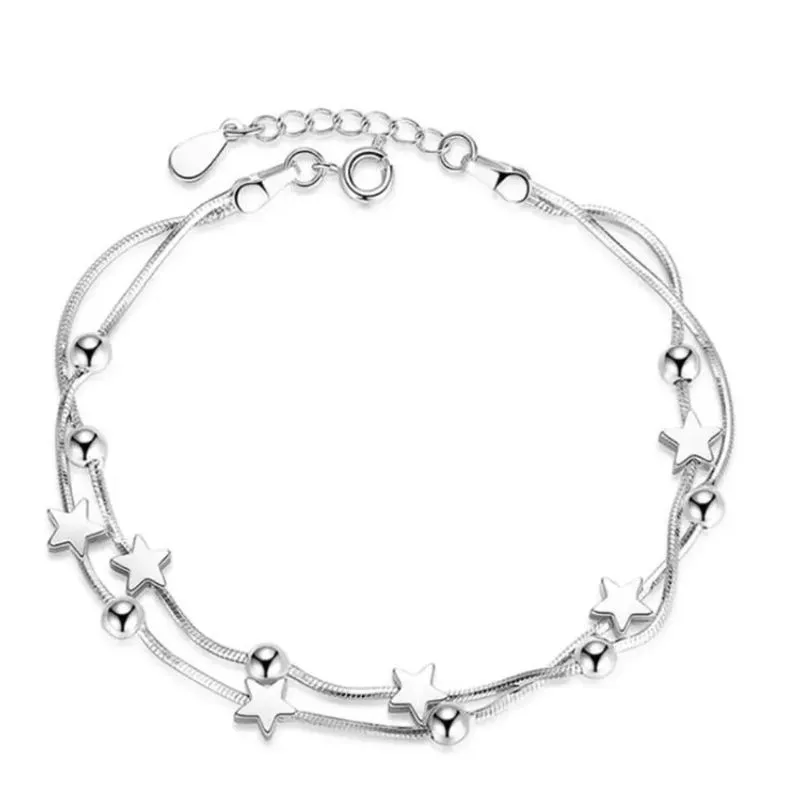 Pulseira Prateada Estrela Bolinhas Delicada Banhado A Prata