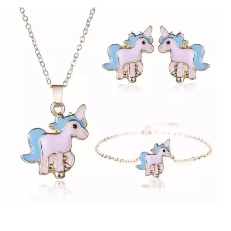Conjunto Colar Brinco Pulseira Unicórnio Dourado Azul K5486