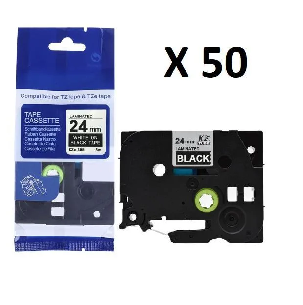 Kit 50 Fitas Compatível Brother Tze-355 Preta 24mm