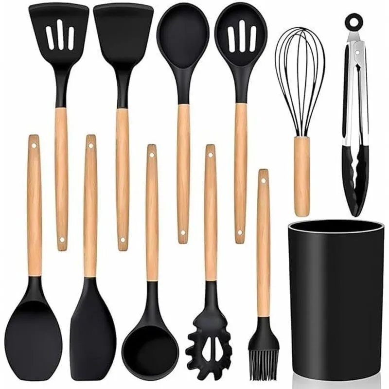 Kit Utensílios De Cozinha Silicone E Madeira 12 Peças Resistente A Altas Temperaturas Aquilae