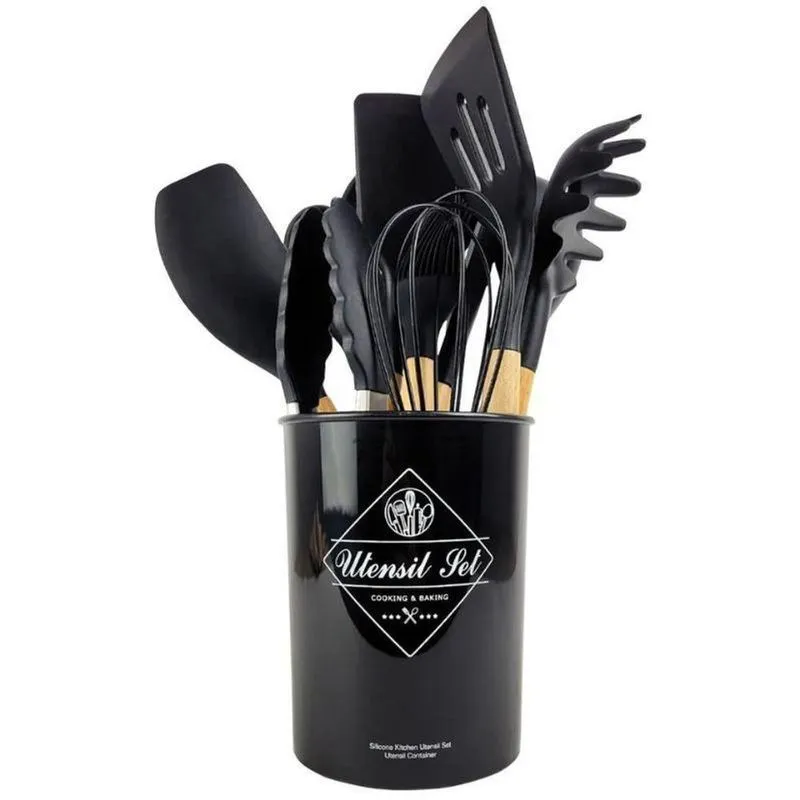 Jogo De Utensílios Jogo Utensílios Cozinha 12 Peças Silicone Colher Concha Em Silicone E Madeira