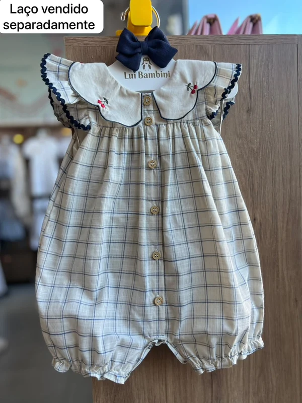 ROMPER MANGA CURTA XADREZ GOLA CEREJAS MENINA BARBARA KIDS BEGE/MARINHO / 3-6M