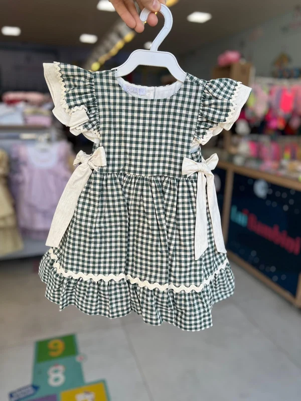 VESTIDO MANGA CURTA VICHY XADREZ NATALINO DUPLO LAÇO BABADOS MENINA BARBARA KIDS Verde / 8