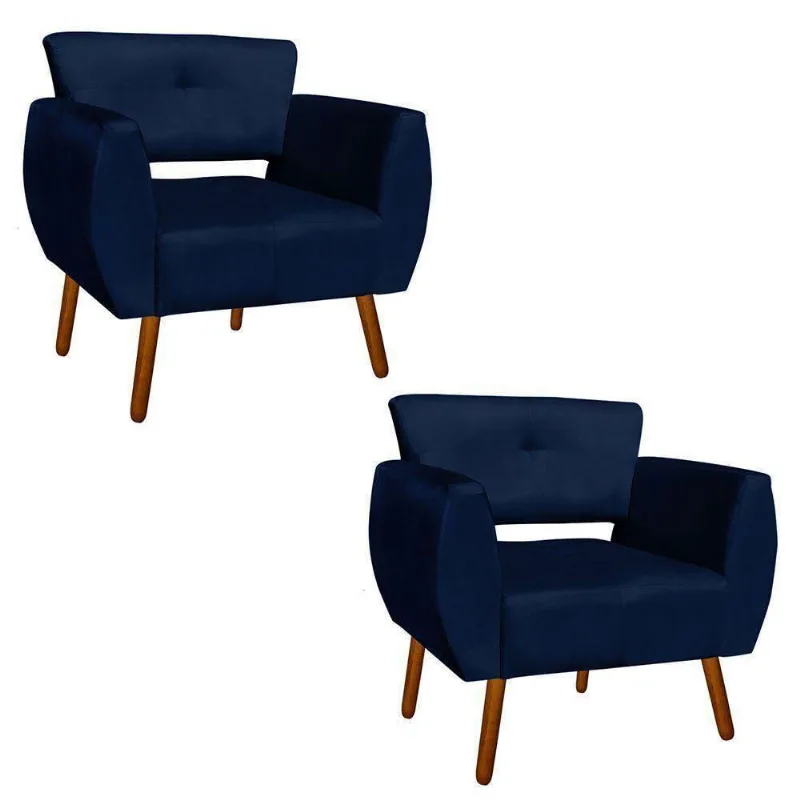 Kit 02 Poltronas Josy Suede Azul Marinho Pés Palito Castanho
