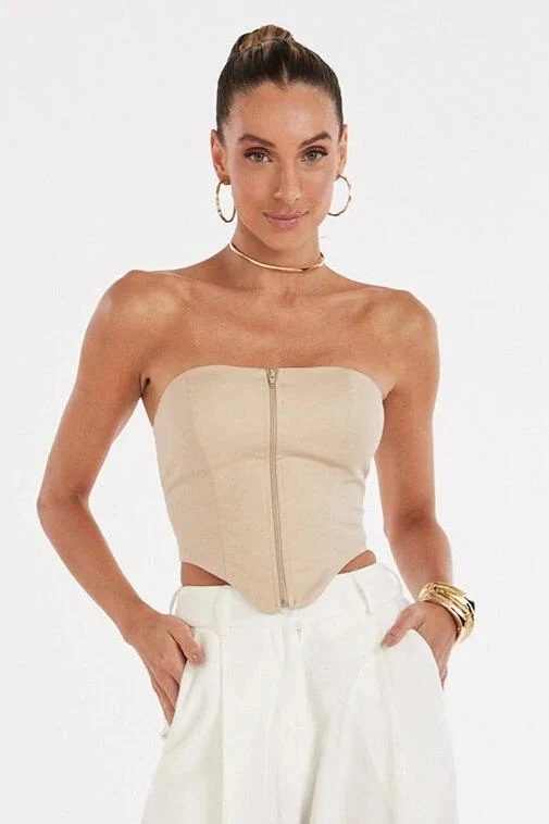 CROPPED TOMARA QUE CAIA COM ZÍPER FRONTAL KAKI CLARO G