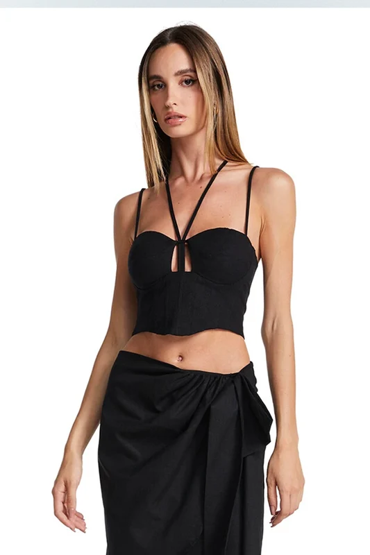 CROPPED DE ALÇA FINA COM AMARRAÇÃO NO PESCOÇO PRETO M