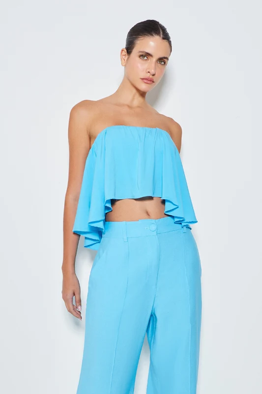 CROPPED TOMARA QUE CAIA BABADO ALONGADO AZUL CRISTAL G
