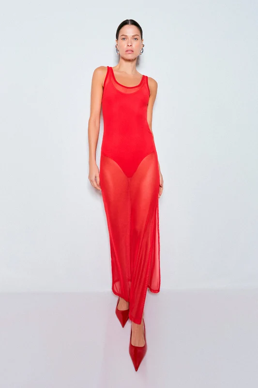 VESTIDO MIDI MANGA REGATA EM TULE VERMELHO G