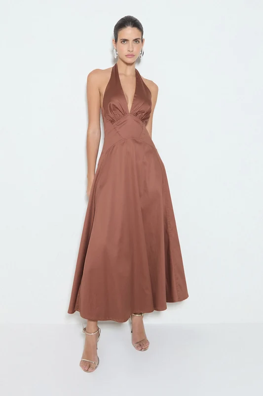 VESTIDO MIDI FRENTE UNICA COM AMARRACAO NO PESCOÇO MARROM M