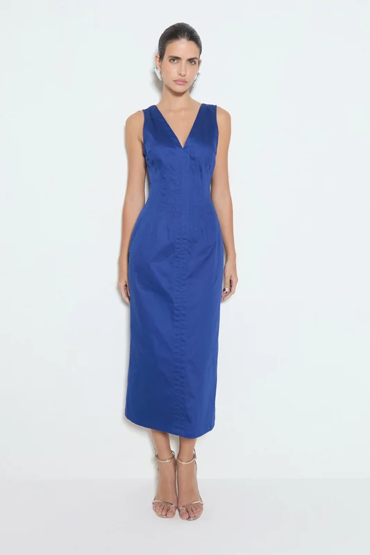 VESTIDO MIDI DECOTE V COM BARBATANA FRENTE E COSTAS AZUL CARBONO M