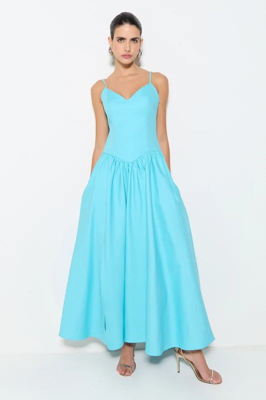 VESTIDO MIDI COM SAIA RODADA E FRANZIDOS AZUL ACQUA GG
