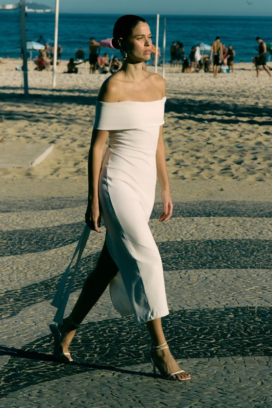 VESTIDO MIDI OMBRO A OMBRO COM AMARRAÇÃO NAS COSTAS OFF WHITE M