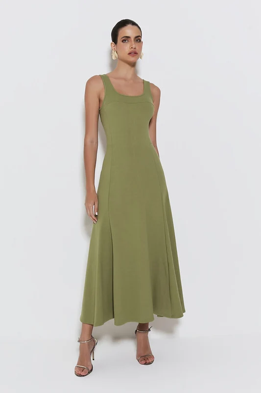VESTIDO MIDI COM RECORTE BUSTO E SAIA AMPLA VERDE MOSS PP
