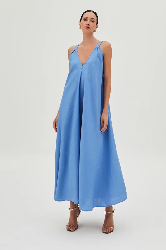 VESTIDO MIDI ALCA LARGA DECOTE V CAIMENTO AMPLO AZUL JEANS M