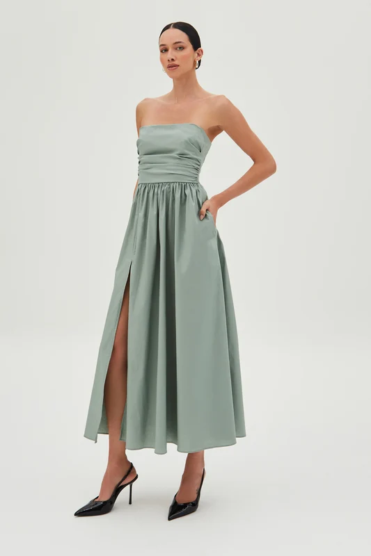 VESTIDO MIDI TOMARA QUE CAIA FENDA FRONTAL SAIA AMPLA VERDE CASCALHO PP