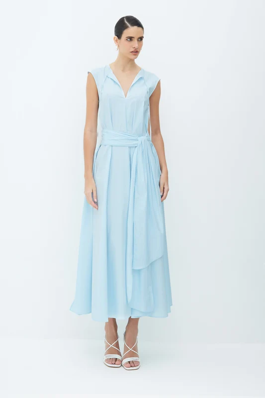 VESTIDO MIDI COM SOBREPOSICAO PARA AMARRACAO CINTURA AZUL POLAR G