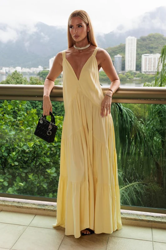 VESTIDO LONGO AMPLO DECOTE V FRENTE E COSTAS AMARELO MANTEIGA M