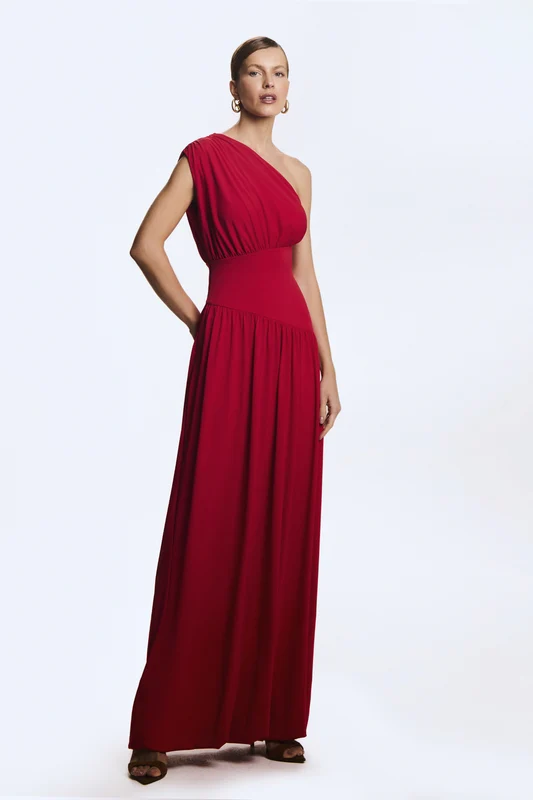 VESTIDO MIDI UM OMBRO BARRA BALONE ASSIMETRICA VERMELHO M