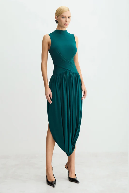 VESTIDO MIDI SAIA BALONE COM TRANSPASSE E ABERTURA VERDE PETROLEO M