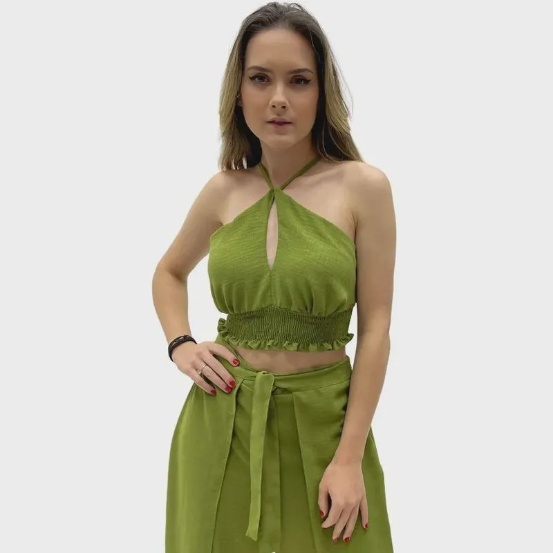 Cropped Meia Loka Alças Finas Decote Gota