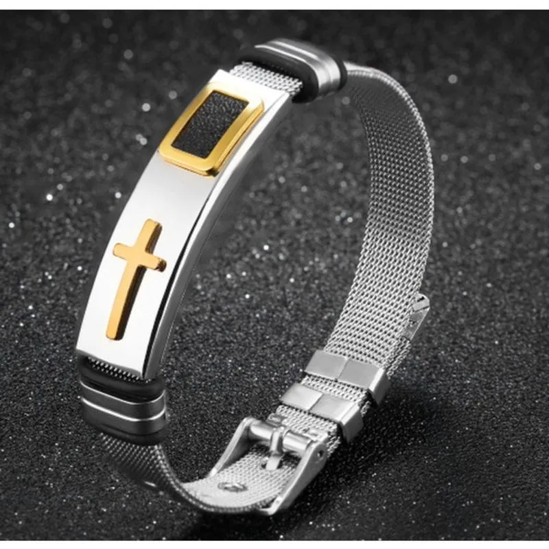 Pulseira Masculina Bracelete Malha de Aço Cruz Dourada