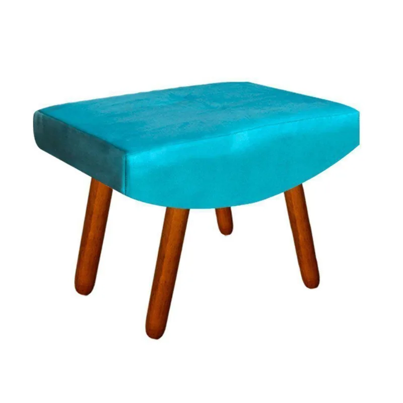 Puff Decorativo Josy Suede Azul Turquesa Pés Palito Castanho