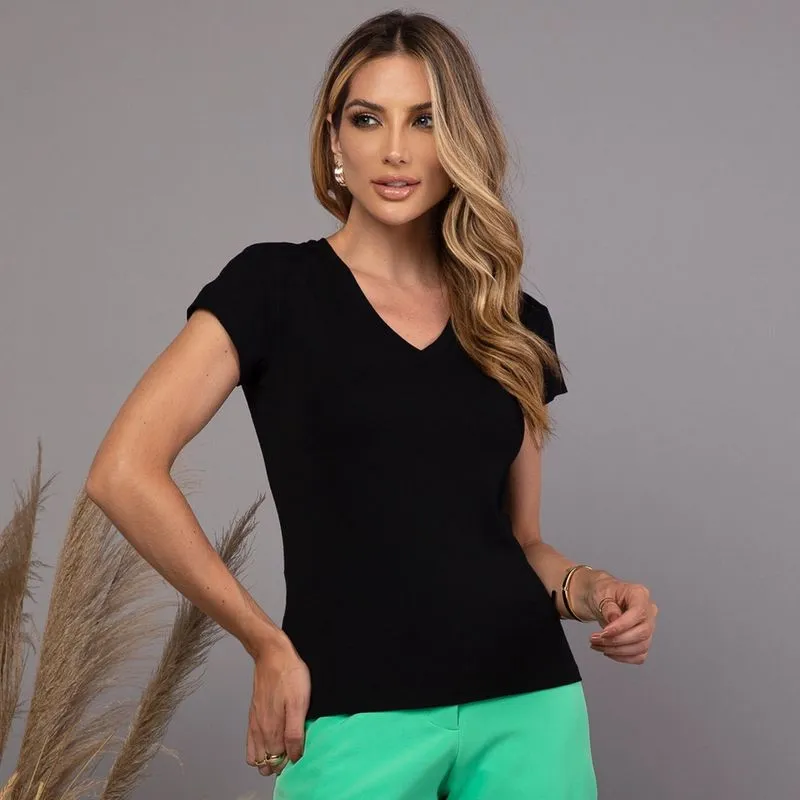 Blusa Casual Viscolycra Manga Curta Decote em V