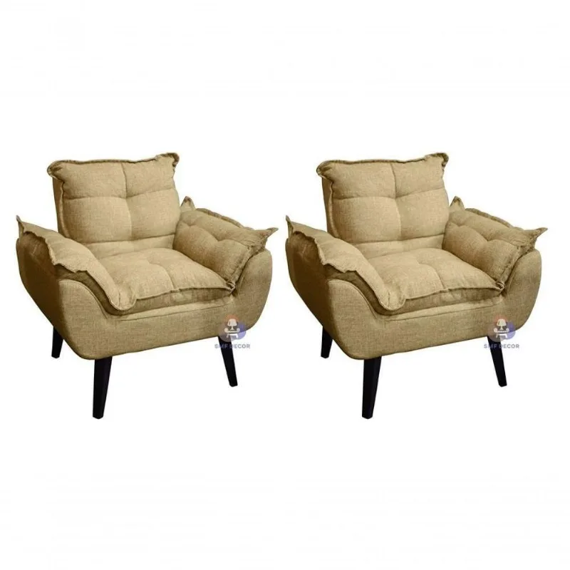Kit 02 Poltrona/cadeira Decorativa Glamour Palha Linho Com Pés Quadrado Palha