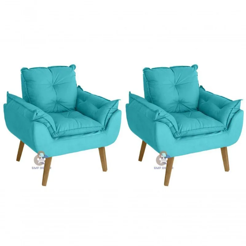 Kit 02 Poltrona Opala Suede Azul Turquesa