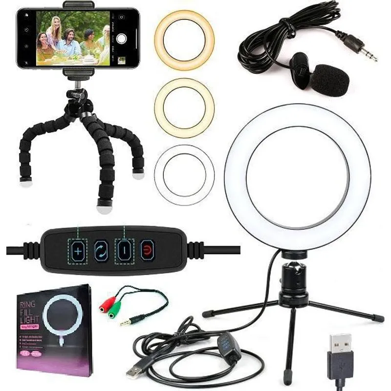 Kit Youtuber Profissional Microfone Lapela Tripé Flexível Câmera Luz Flash Anel Led Iluminador Ring Light Fotos Vídeos