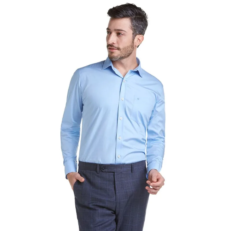 Camisa Manga Longa Lisa Tricoline Básica Classic Fit - Azul Claro 8