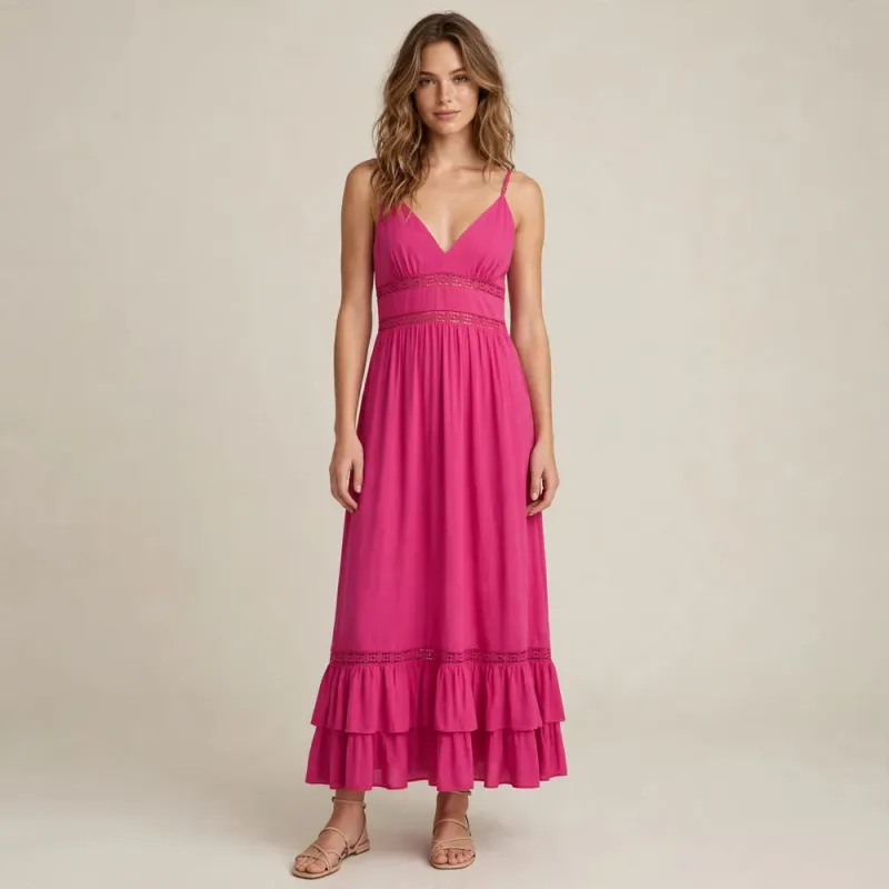Vestido Longo com Alças Finas e Babados