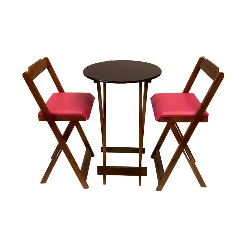 Bistrô Alto Dobrável Imbuia C2 Banquetas 60cm Estofado Rosa