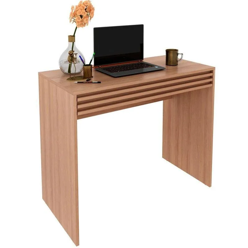 Escrivaninha Mesa De Escritório 90 Cm 1 Gaveta Ripado Amêndoa