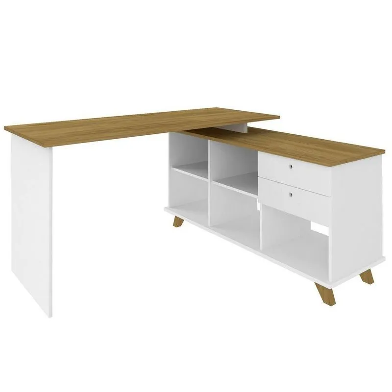 Mesa Escrivaninha 2 Gavetas Com Nichos Em L Golden Olmo/branco