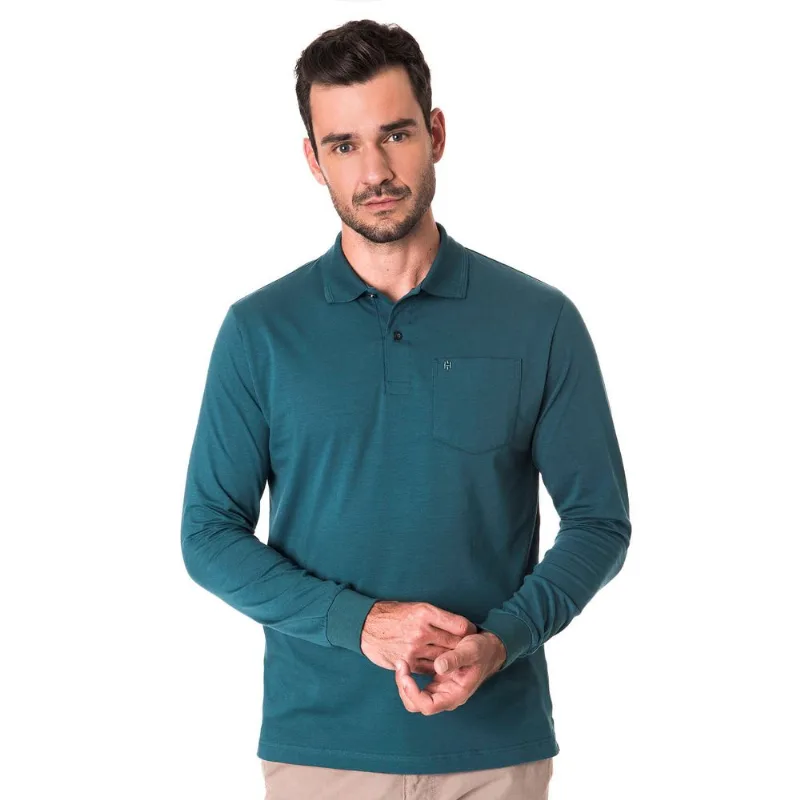 Polo Manga Longa com Bolso Malha Classic Fit - Verde Floresta SGG