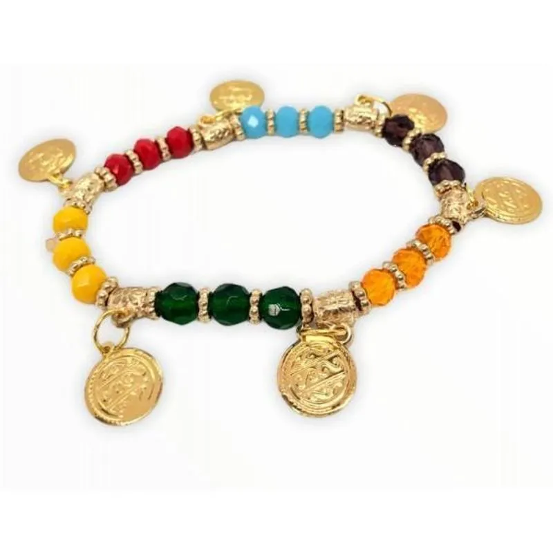 Pulseira Cigana Colorida Cristal E Silicone Com Moedas