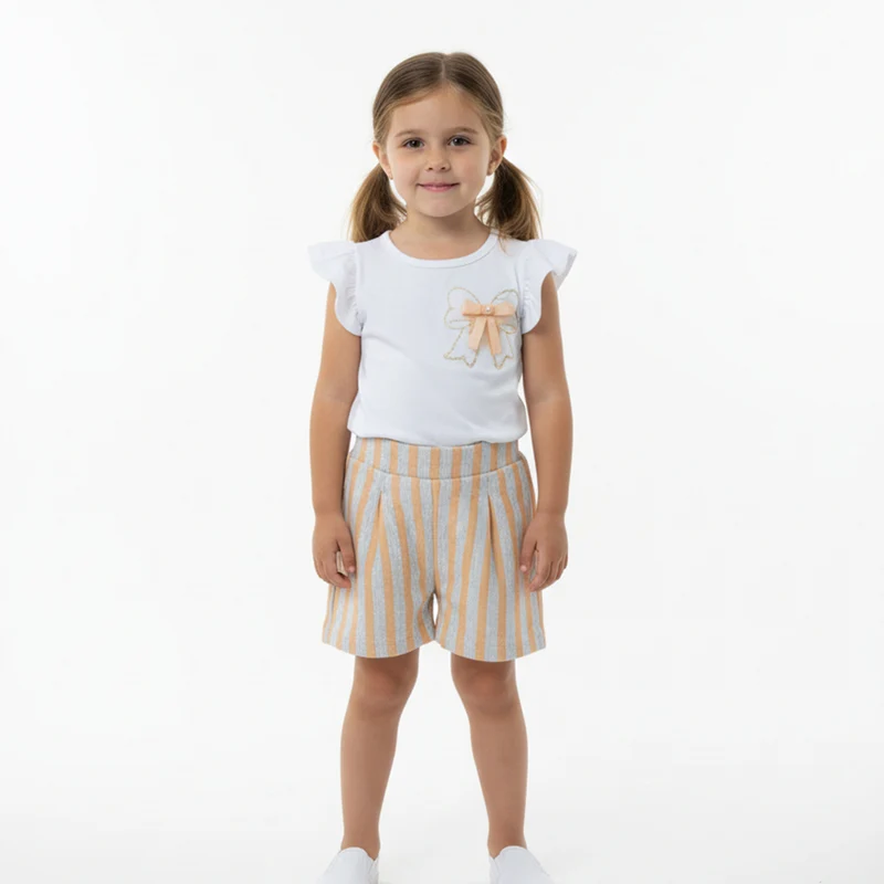 Conjunto Blusa E Shorts Tileesul Com Lacinho Feminino M / Menina / Branco/Verde
