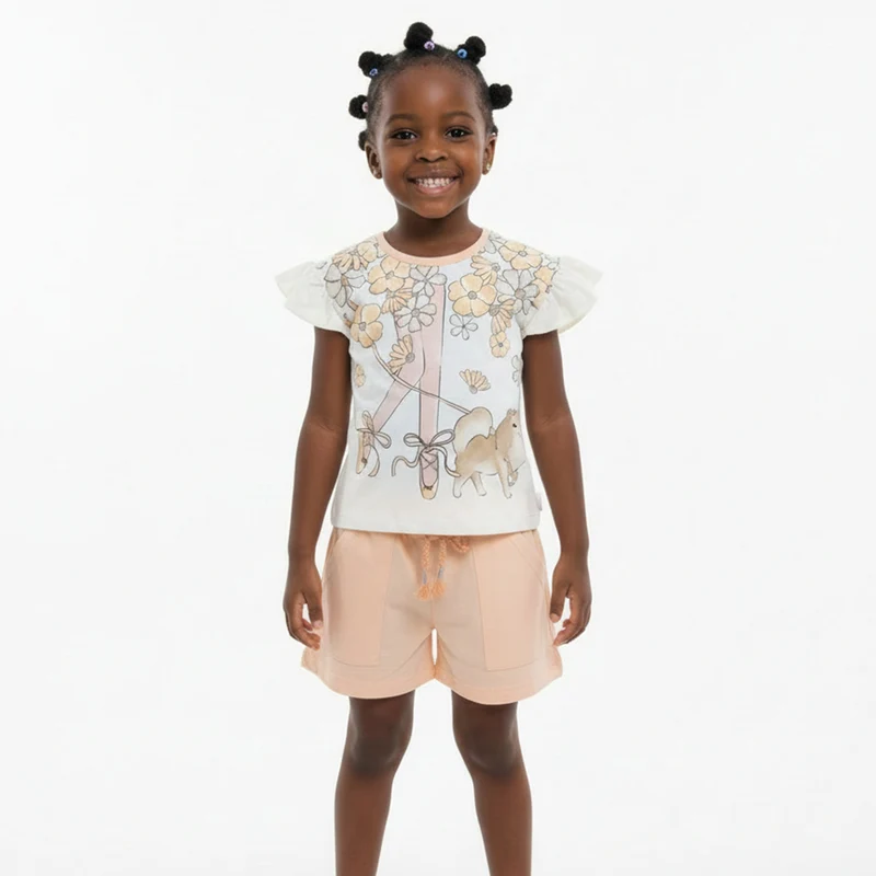 Conjunto Blusa E Shorts Tileesul Estampado Feminino 2 / Menina / Marfim/Salmão