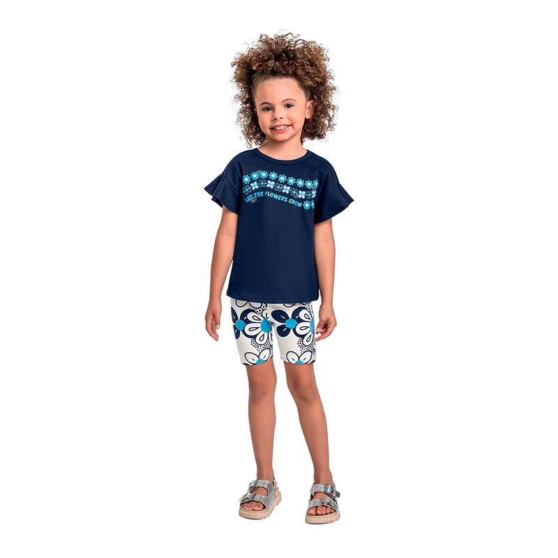 Conjunto Blusa Manga Curta e Bermuda Beeloop Feminino - Azul Escuro 14 / Menina