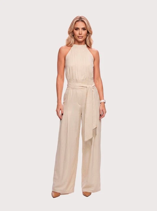 Macacao Pantalona De Gola Alta Com Faixa E Prega BEGE / 44