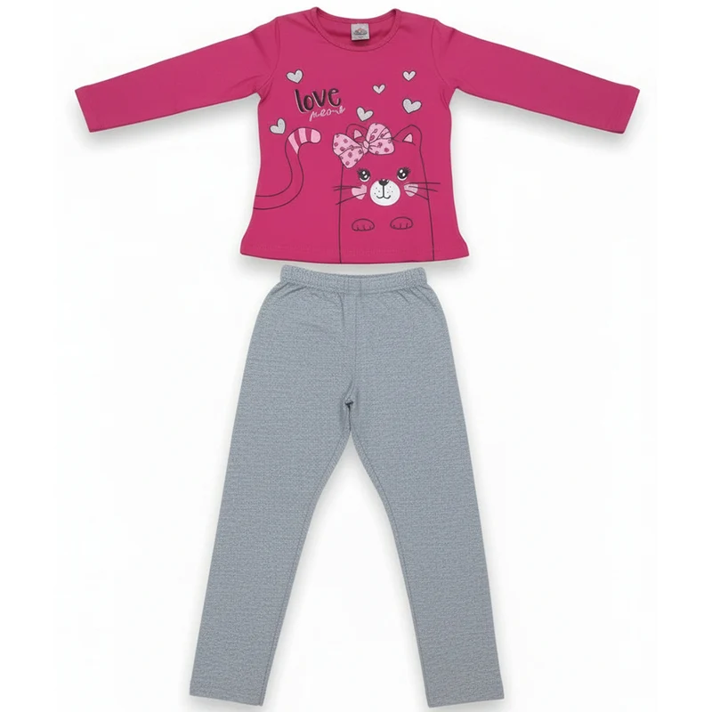 Conjunto Manga Longa E Calça Grilo Kids Love Meow Feminina 03 / Menina / Rosa