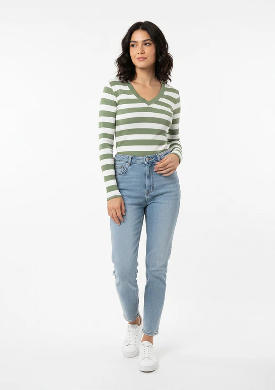 Blusa Manga Longa Use.Modo Gola V Listrada Feminina - Verde G / Verde